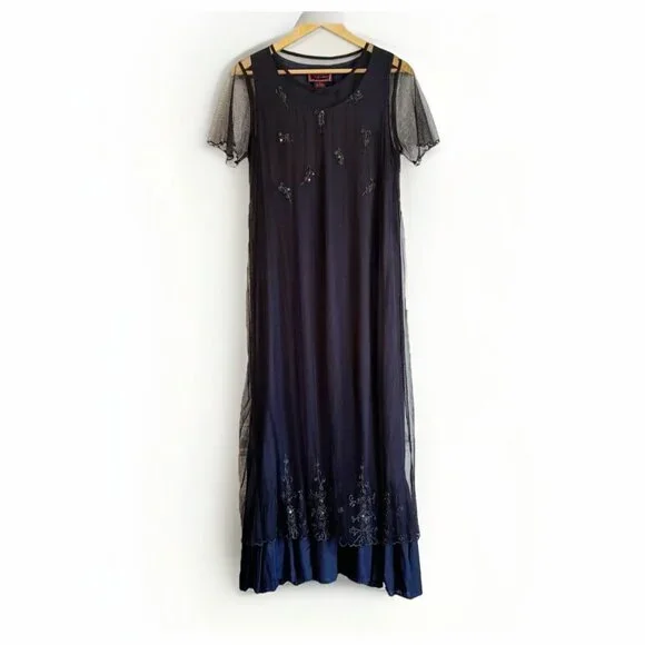 April Cornell Women’s Medium Blue Beaded Mesh Maxi Dress Luxury Holiday Evening - Picture 3 of 8